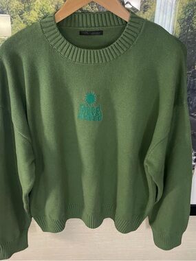 Zara Olive Green Crewneck Sweater with Teal Embroidery